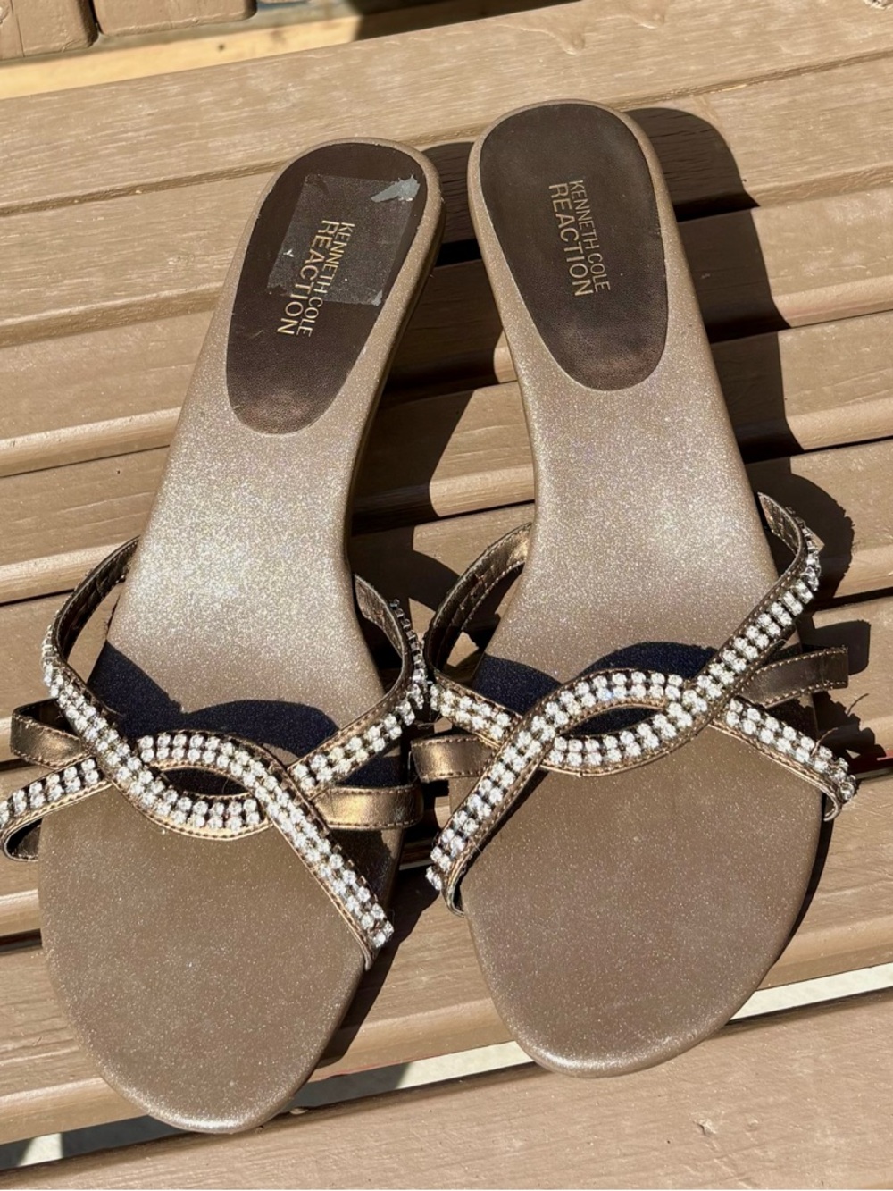 Kenneth Cole Reaction Bronze Metallic Rhinestone Twist Slide Sandals